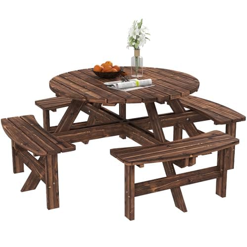 Image of Outsunny Wooden Garden Dining Set, 8 Seater Round Dining Picnic Table with Matching Bench, Garden Furniture Set with Parasol Hole for Outdoor Patio Party and Family Gatherings, Carbonized
