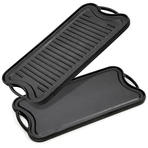 Image of Warmiehomy Cast Iron Griddle Pan,Double-Sided Non-Stick Pre-Seasoned Cast Iron Skillet BBQ Grill Pan for Gas Electric and Oven Safe,53x26cm Rectangular