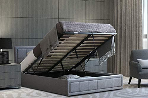 Image of Home Treats Upholstered Bed King Size | Ottoman Grey Fabric Bed Frame With Storage (No Mattress)