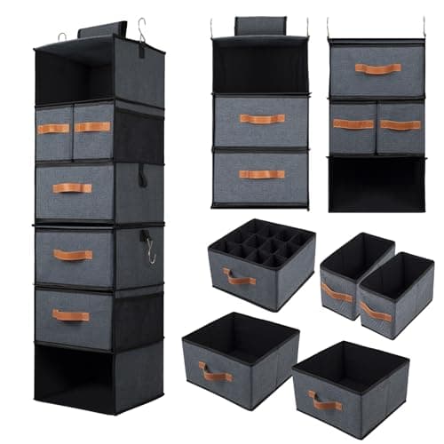 Image of BinWhiz 112 x 32 x32 cm Hanging Shelf Organizer, 6-Tier Fabric Shelves Clothes Bins with Drawers and Hooks for Closet Wardrobe Organization and Storage, Grey