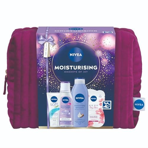 Image of NIVEA Moisturising Moments Of Joy Gift Set (5 Products) – Women's Gift Set – Includes Body Lotion, Face Sheet Mask, Moisturising Cream and Micellar Water – with Cosmetic Bag