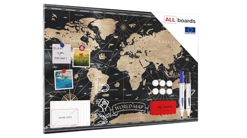Image of Magnetic Boards MetalBoard World MAP Black Vintage 90x60cm a Magnetic Metal Poster with an Imprint for All Types of Magnets, Wall Mounted Durable 3D Printed + a Set of Accessories Included