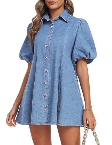 Image of Fengbay Denim Dresses for Women UK Ladies Puff Short Sleeve Jean Dress Casual Mini Denim Shirt Dresses with Pockets Trendy