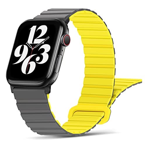 Image of Tasikar Straps Compatible with Apple Watch Strap 42mm (Series 10) 41/40/38mm Thin Silicone Magnetic Loop Replacement Bands [Double Sided Wearable] for iWatch SE Series 10 9 8 7 6 5 4 3 - Grey Yellow