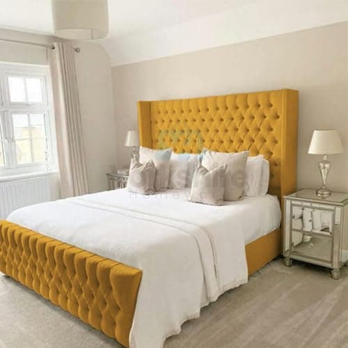 Image of YORKSHIRE HOMEWARE Chesterfield Plush Velvet Wingback Bed Frame Gas Lift Options Ottoman Storage Gas Lift Winged Bed UPHOLSTERED BED FRAME Royal Winged Bed (Mustard, 5FT KING)