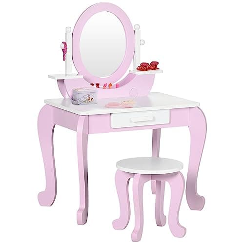 Image of ZONEKIZ Kids Dressing Table, Kids Vanity Set, Girl Makeup Desk w/Mirror, Stool, Drawer, for Ages 3-6 Years - Pink