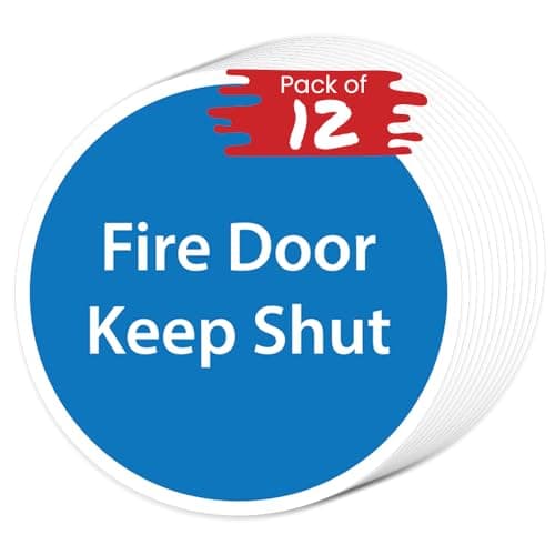 Image of RDLCAR Fire Door Keep Shut Sticker Signs - Mandatory Signage, Door Sticker, Office Door Signs, Strong Adhesive Vinyl - Pack of 12, 8cm x 8cm, Blue, White