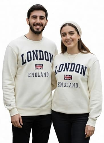 Image of GWCC LE201OWN Unisex London England applique embroidery sweatshirt colour Off White navy embroidery Sizes XS to 4XL (UK, Alpha, XS, Regular, Regular)