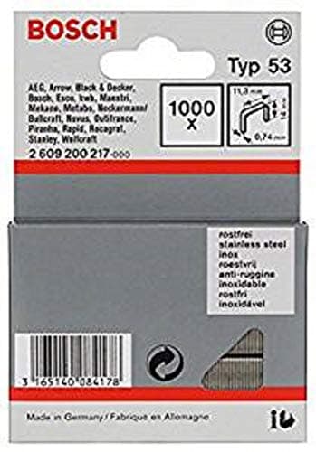 Image of Bosch Professional 1000x Fine Wire Staple Type 53 Stainless (Textiles, Carton, 11.4 x 0.74 x 14 mm, Accessories Tacker, Staple Gun)