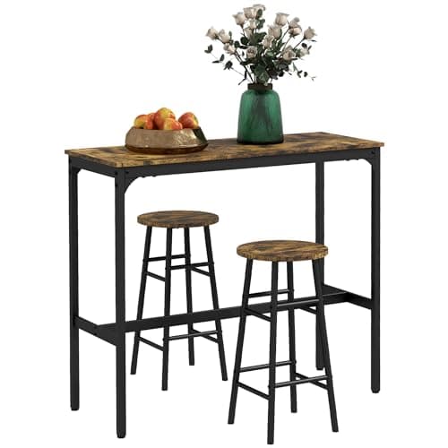 Image of HOMCOM 3 Piece Bar Table Set with 2 Stools, Industrial Bar Table and Stool Set, Dining Table and Chair Set for Small Space, Rustic Brown