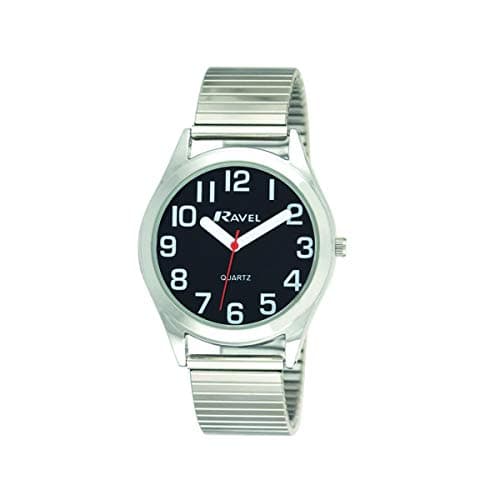 Image of Ravel - Unisex Super Bold Sight Aid Watch with Big Numbers on Stainless Steel Expander Bracelet - Silver Tone/Black Dial