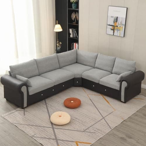 Image of Panana Luxury Faux Leather With Linen Fabric Corner Sofa, Living Room Corner Couch With Wood Legs Couch Back (Light Grey, 6 Seater)