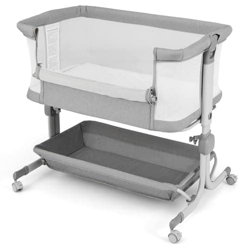 Image of COSTWAY Baby Bedside Crib, 6-Level Heights Adjustable Bassinet with Mattress, Storage Shelf, Lockable Wheels, Carry Bag, Newborn Bedside Sleeper for Birth to 9kg (Grey)