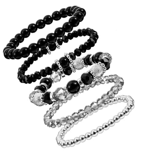Image of 5 Pcs Stackable Beaded Bracelets for Women, Elasticated Ladies Bracelet Set, Black Bracelets Set for Women, Stackable Crystal Beads Bracelets For Birthday Party Vacation Decor Friendship Bridal Gift