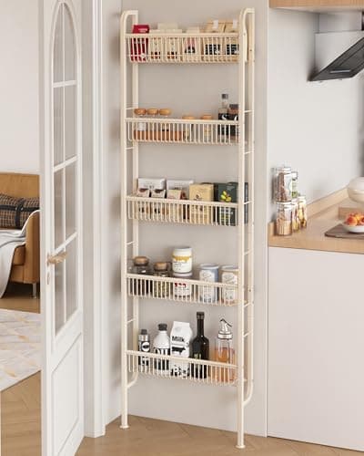 Image of UMDONX Slim Metal Storage Shelf, 5 Tier Bathroom Organiser Rack, Kitchen Behind Door Narrow Shelving Unit (Cream White 9.5cm Width)