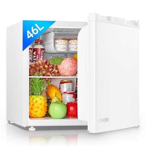 Image of FOHERE Table Top Larder Mini Fridge, 46 Litre Capacity, Quiet Running 42dB, 0 to 7 Adjustable Temperature Control & Legs, Reversible Door, White
