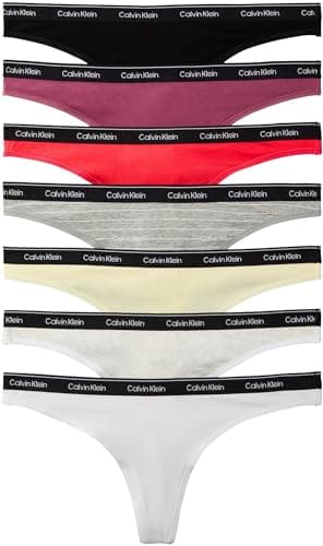 Image of Calvin Klein Women THONG 7 PK RED (Blck/PrSrbt/ICNLGSTRP GRYHTHR/SnwHt) S