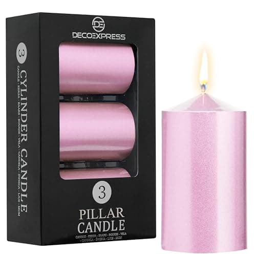 Image of DECO EXPRESS Pillar Candles Set, Pack of 3 Unscented Large Candles, Valentine’s & Mother’s Day Decor (Metallic Rose Gold, 3 Pack)