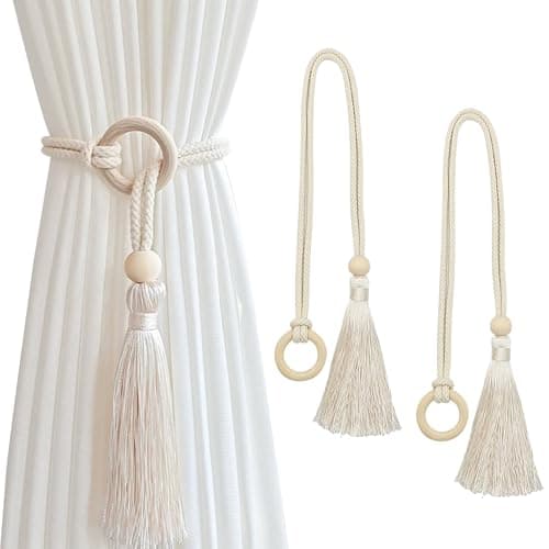 Image of BSITSSS 2 PCS Tasseled Curtain Tie Backs, Boho Style Tie Backs for Curtains, Curtain Holdbacks Wooden Round Button, Modern Simplicity Curtain Tiebacks, Curtain Ties forHome Office Window Draperies