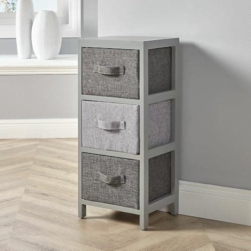 Image of Home Source Chest of Drawers Storage Unit, Fabric Basket, Grey Wooden Tallboy Organiser, 3 Drawer