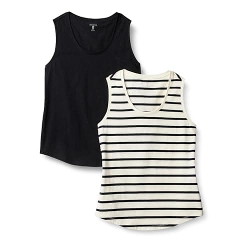 Image of Amazon Essentials Women's Regular-Fit 100% Cotton Sleeveless Tank Top, Pack of 2, Black/Mariner Stripes, XL