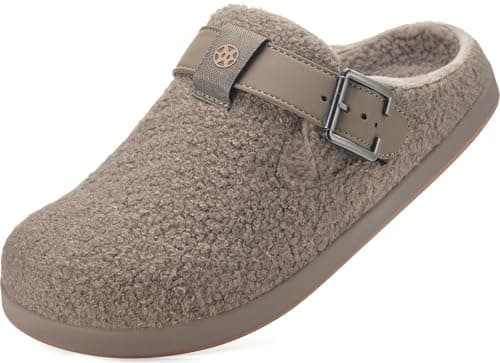 Image of Womens Fluffy Slippers Mens Suede Fur Lined Clogs Winter Warm Comfy Slip On Mules Ladies Indoor Outdoor Garden Shoes,Khaki,11 UK
