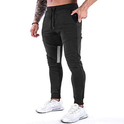 Image of MakingDa Tracksuit Bottoms Men Slim Fit Tapered Joggers Gym Pants Skinny Sweatpants Running Training Sports Trousers with Ankle Zippers-1-Black-L