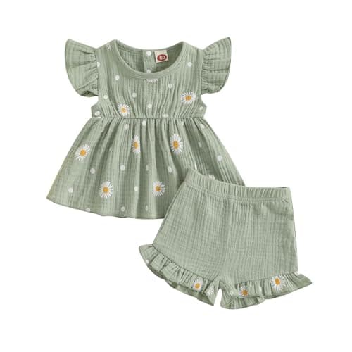 Image of XIXIMAON Cute Baby Girls Summer Outfits Daisy Floral Print Flying Sleeve Ruffle Shirt Tank Tops Ruffle Elastic Shorts Set 2pcs Toddler Girl Cotton Linen Set (Green, 18-24 Months)