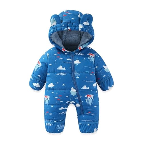 Image of WYTbaby Baby Snowsuit Hooded Thick Windproof Jumpsuit Warm Winter Romper for Infant Newborn Boys Girls 6-9 Months Light Blue