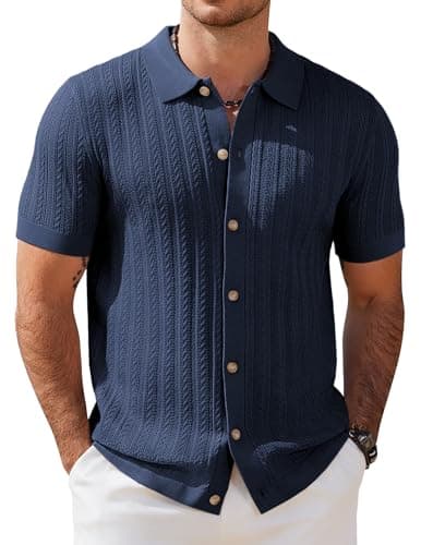 Image of COOFANDY Men's Short Sleeve Knitted Polo Shirts Stretch Cable Knit Full Button Golf Shirt Polo T-Shirt Navy Blue M