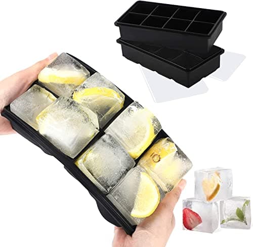 Image of LessMo Ice Cube Tray, 2 Pack XXL Silicone Large 2 Inch Ice Cube Molds with Lids, for Whiskey, Cocktails & Wine (Black)