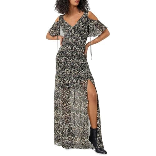 Image of French Connection Women's Hallie Crinkle Cutout Shoulder Maxi Dress Casual, Black Multi, 6