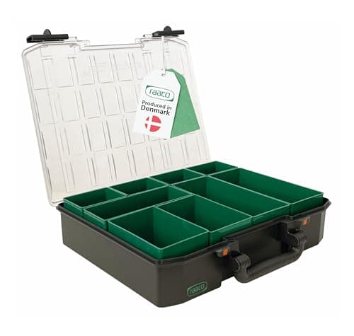 Image of raaco CarryLite 80 4x8-9 Premium Screw Organiser with 9 Compartments | 10 kg Load Capacity | Nut and Bolt Secure Storage | Transparent Lid | Small Parts Tool Box Case Storage | 27.8 × 33.7 × 7.9 cm