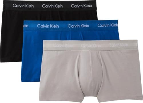 Image of Calvin Klein Men’s 3 Pack Low Rise Trunks, Pink (CLASSIC BLUE/PORPOISE/BLACK), L