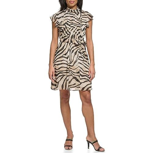 Image of DKNY Women's Sleeveless Tie Neck Pleated Dress, Black/Cream, 20