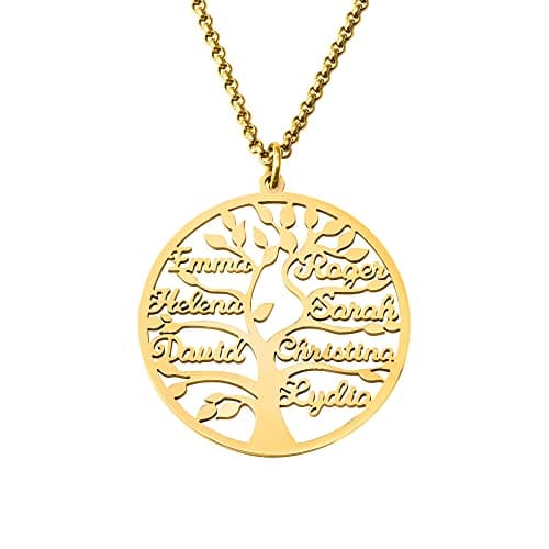 Image of BYFDIY Personalised Family Tree Necklace 1-9 Custom Names Gold Family Tree Necklace Stainless Steel Tree of Life Pendant Gift for Mom and Grandma Christmas Gift