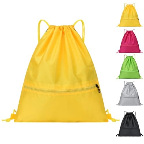 Image of Arae Drawstring Backpack Bag with Front Pocket Waterproof Oxford Cloth, Lightweight Gym Sack for Sports and Travel (Yellow, Small)