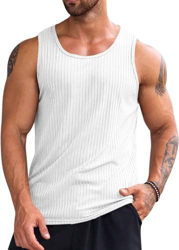 Image of Runcati Men's Tank Top Fitness Muscle Shirt Gym Underarm Shirts Workout Tank Shirt Bodybuilding Sleeveless Shirt Sports Vests, White, L