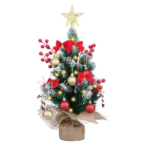 Image of FOGAWA Small Christmas Tree with Lights 45CM Mini Christmas Tree Artificial Tabletop Christmas Trees Small Xmas Tree with Star Tree Topper Baubles Red Berries Pine Cones for Christmas Desktop Decor