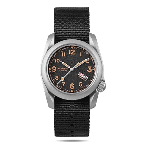 Image of BODERRY Men's Voyager Titanium Automatic Field Watch 40mm Military Watch Day Date Function 100M Waterproof Nylon Strap Japanese Mechanical Movement Screw Down Crown