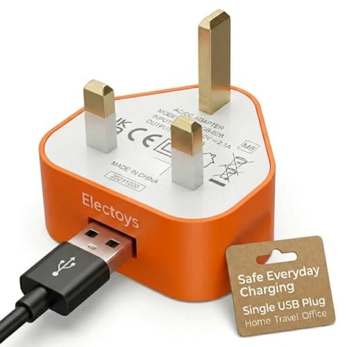 Image of Electoys Single USB Plug UK - 5V 1A Fast Charger - Compatible with iPhone, Samsung, Redmi, Huawei, HTC, LG - Orange 3 Pin Plug