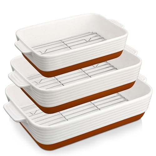 Image of MALACASA Ceramic Baking Dish Set with Roasting Racks, 1.45/2.7/3.8L Deep Casserole Dishes for Oven, Rectangular Lasagne Dish with Handles, Set of 3, Khaki White (14.5"/13"/10.5"), Series Tara