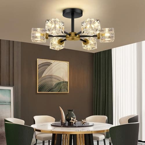 Image of Modern Crystal Ceiling Pendant Light, 6 Lights K9 Crystal, Black Gold Ceiling Light with G9 Bulb (Bulb Not Included) for Bedroom, Dining Room, Living Room, Cafe