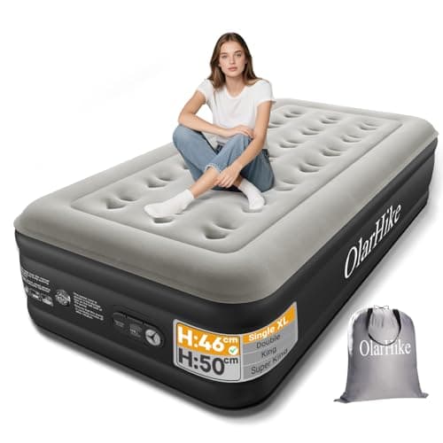 Image of OlarHike Single Airbed, Inflatable Air Mattress with Built-in Pump, Blow Up Bed, Self Inflating Folding Guest Air bed with Flocked Surface For Camping & Home Use, 190cm L x 90cm W x 46cm H(Black)