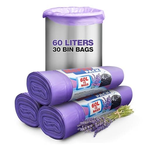 Image of 60L Lavender Scented Bin Bags, Waste Bags, Set 3 Rolls Counts 30 bags, Bin Liners with Drawstrings Trash Bags for Kitchen, Office, and Bathroom Bin Liners