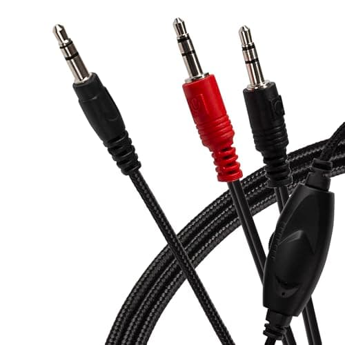 Image of Maplin 3.5mm Aux Stereo 3 Pole TRS Jack Plug to Twin 3.5mm 3 Pole TRS Jack Plug Cable with volume control 2m