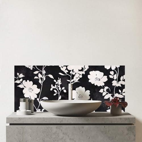 Image of Warren Reed - Designer Premium Black And White Floral Silhouette Glass Bathroom Splashback 6mm Toughened Glass – Water-Resistant Wall Protector for Basins & Sinks, Polished Edges