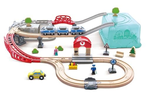 Image of Hape City Railway and Train Bucket Set Toy with storage box that forms part of the scene, Ages 3 and up
