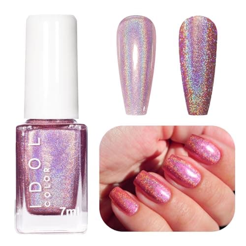 Image of Glitter Nail Varnish - Pink Holographic Nail Polish - Quick Drying Magic Rainbow Nail Polish of Gorgeous Effect - Long Lasting Iridescent Purple Nail Varnish - No Need Cure for DIY Manicure