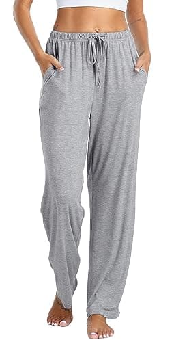 Image of Vlazom Women's Pyjama Bottoms Soft Casual Pants Sleeping Lounge Trouser with Pockets Drawstring A-Grey,L